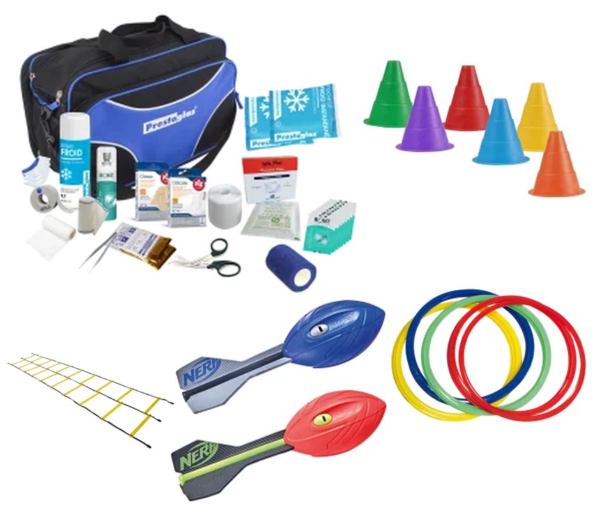 Plots, cerceaux, échelle de rythme, ballons et trousse de secours